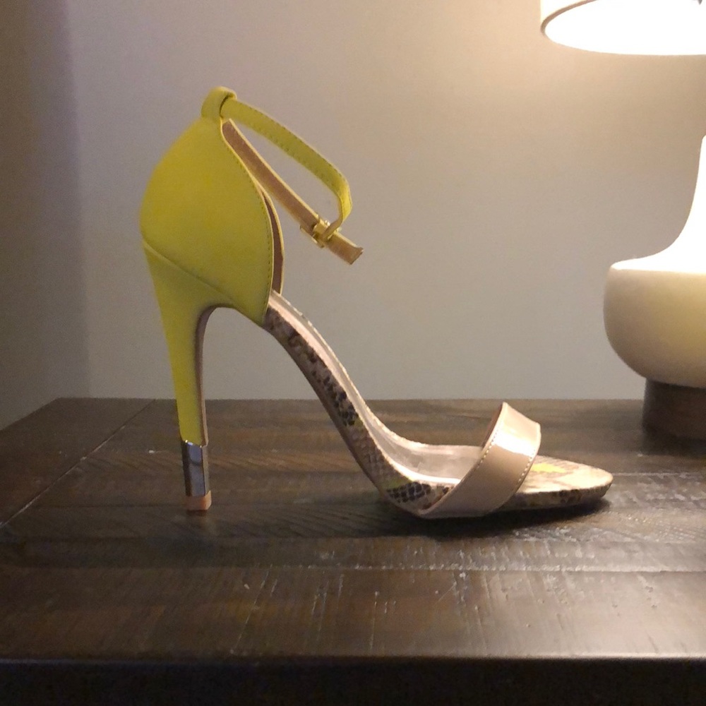 Yellow, Snake skin print, and tan High Heels
